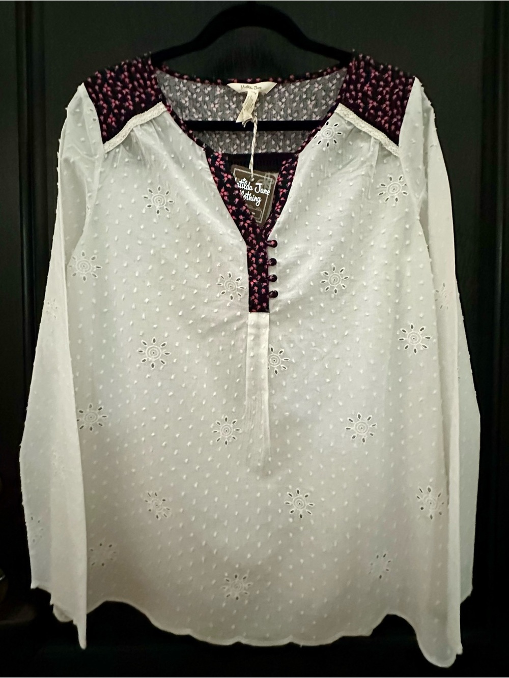 Matilda Jane Women's Tunic, V-Neck, Eyelet & Dotted Swiss Fabric.
Sz M
NWT